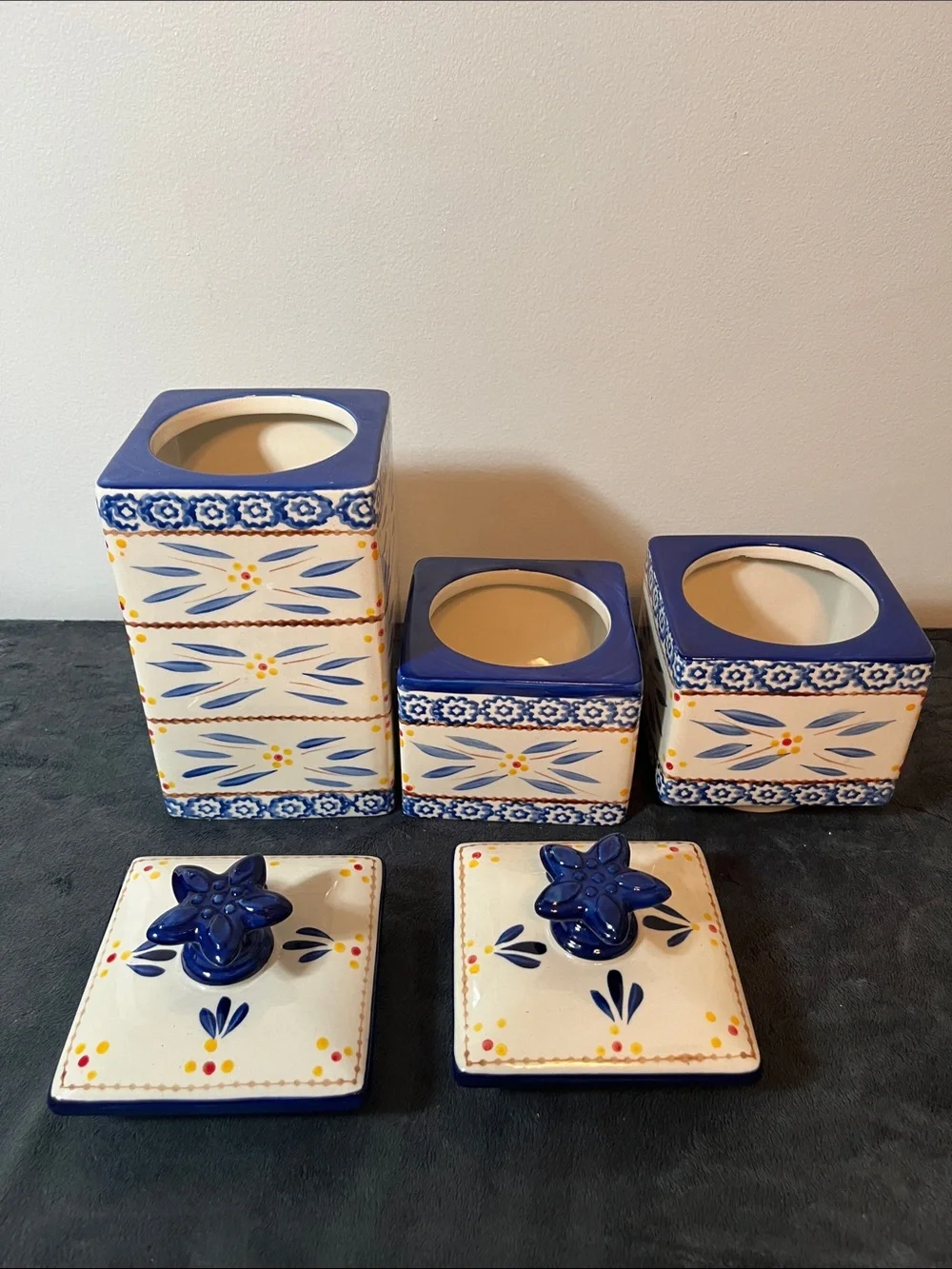 TEMP-TATIONS OLD WORLD STACKABLE CANISTERS KITCHEN CERAMIC BLUE cookware